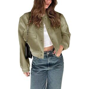 Women Green Cropped Bomber Jacket Button Down Varsity Shacket with Pockets